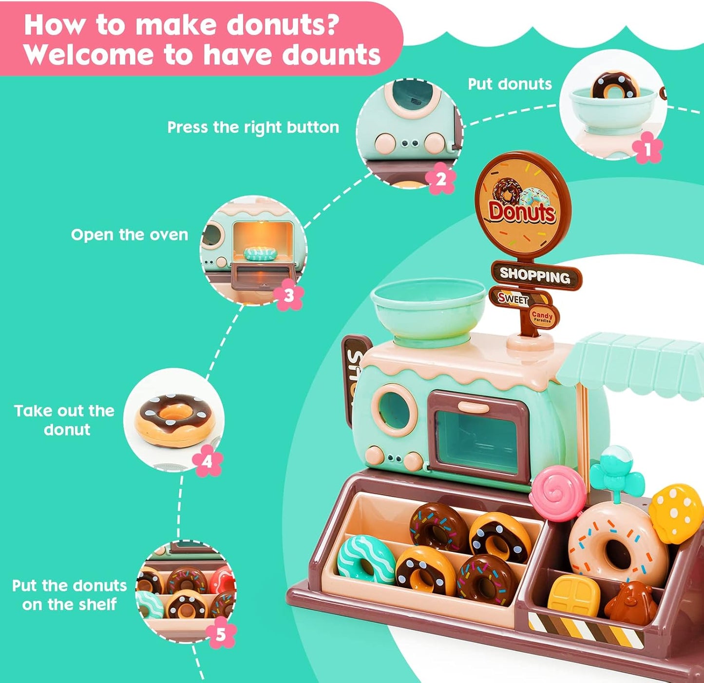 Pretend Play Donut Shop Toy Set for Kids – Donut Maker, Fake Donuts, Candies, Oven, and Role Play Accessories