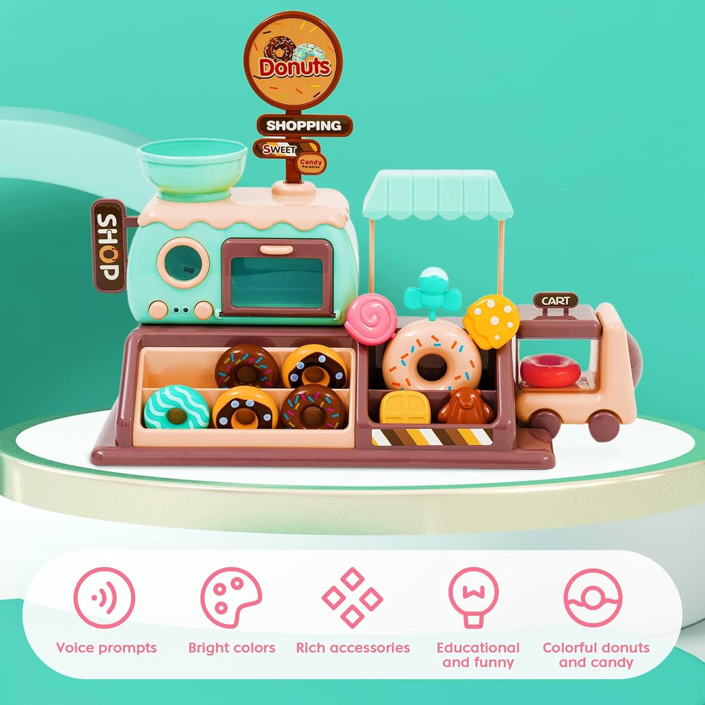 Pretend Play Donut Shop Toy Set for Kids – Donut Maker, Fake Donuts, Candies, Oven, and Role Play Accessories