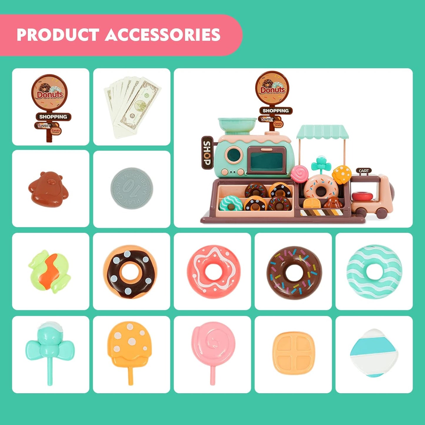 Pretend Play Donut Shop Toy Set for Kids – Donut Maker, Fake Donuts, Candies, Oven, and Role Play Accessories