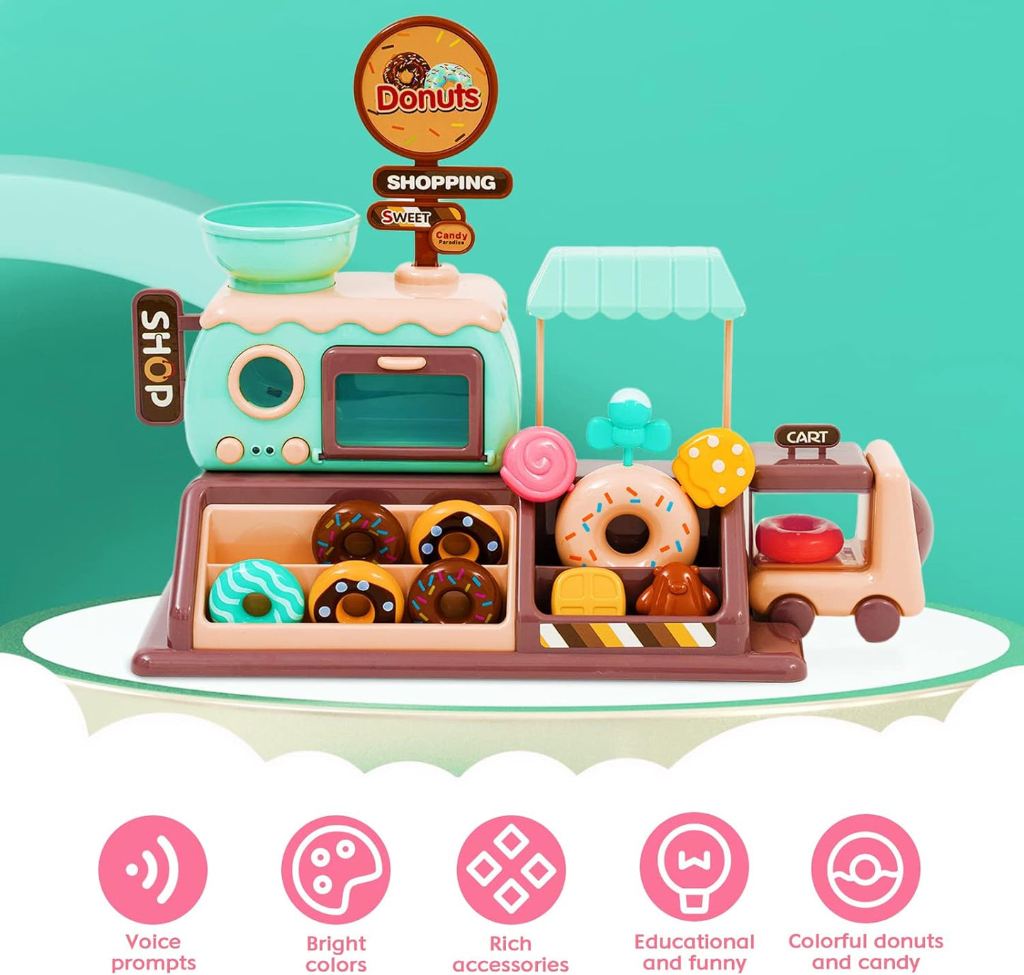Pretend Play Donut Shop Toy Set for Kids – Donut Maker, Fake Donuts, Candies, Oven, and Role Play Accessories