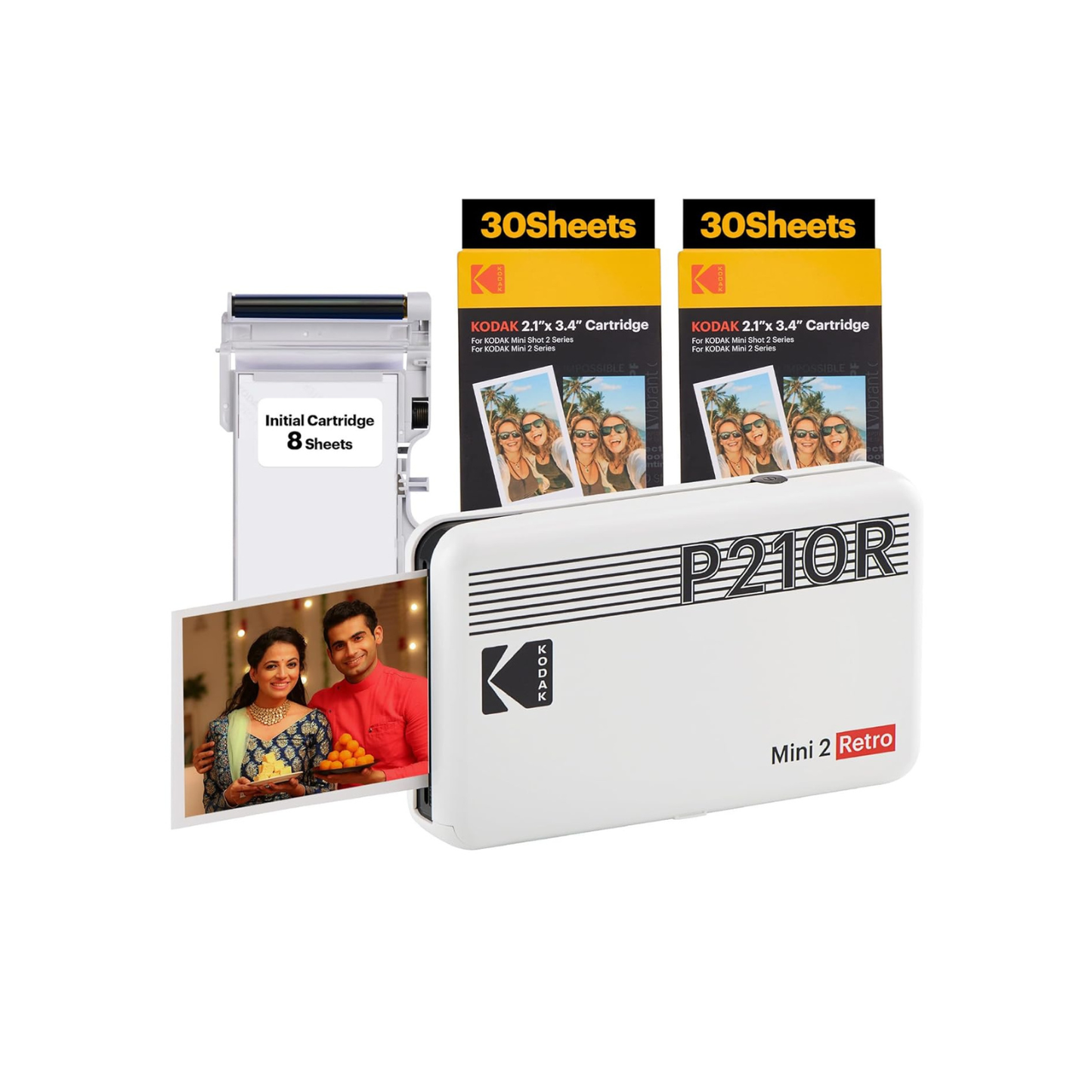 Kodak Mini 2 Retro, 4PASS Portable Photo Colour Printer (2.1x3.4 inches) + 68 Sheets Bundle, White