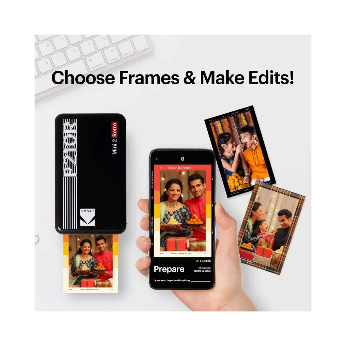 Kodak Mini 2 Retro, 4PASS Portable Photo Colour Printer (2.1x3.4 inches) + 68 Sheets Bundle, White