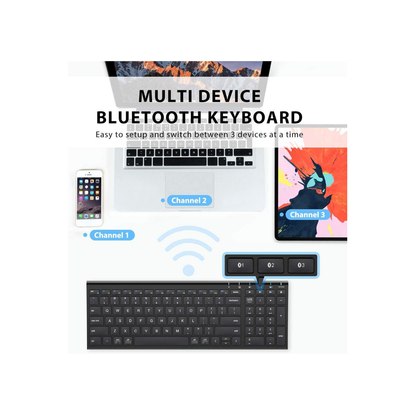 iClever BK10 Bluetooth Keyboard, Universal Bluetooth 5.1 Wireless Keyboard with Number Pad, Ergonomic Design, Multi-Device Compatibility, Stable Connection for Mac, iPad, iPhone, Android, Windows